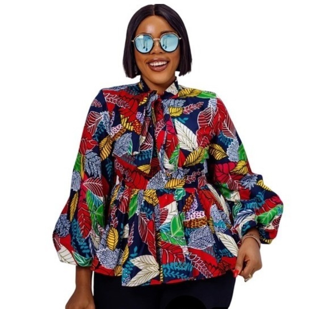 Mae Otti Bibi African Print Peplum Blouse Tie‎ Neck Tropical Leaf Print XL